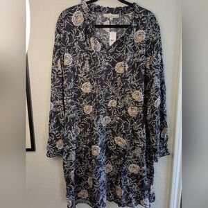 NWT LOFT Midi Dress XL Elastic Waist Long Sleeves Dark Floral Whimsigoth